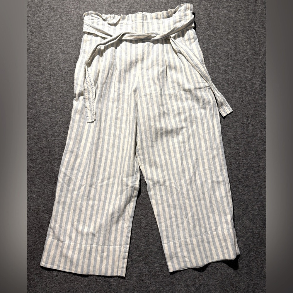 Madewell Linen Cropped Pants Womens L striped blue cream High Rise Wide Boho